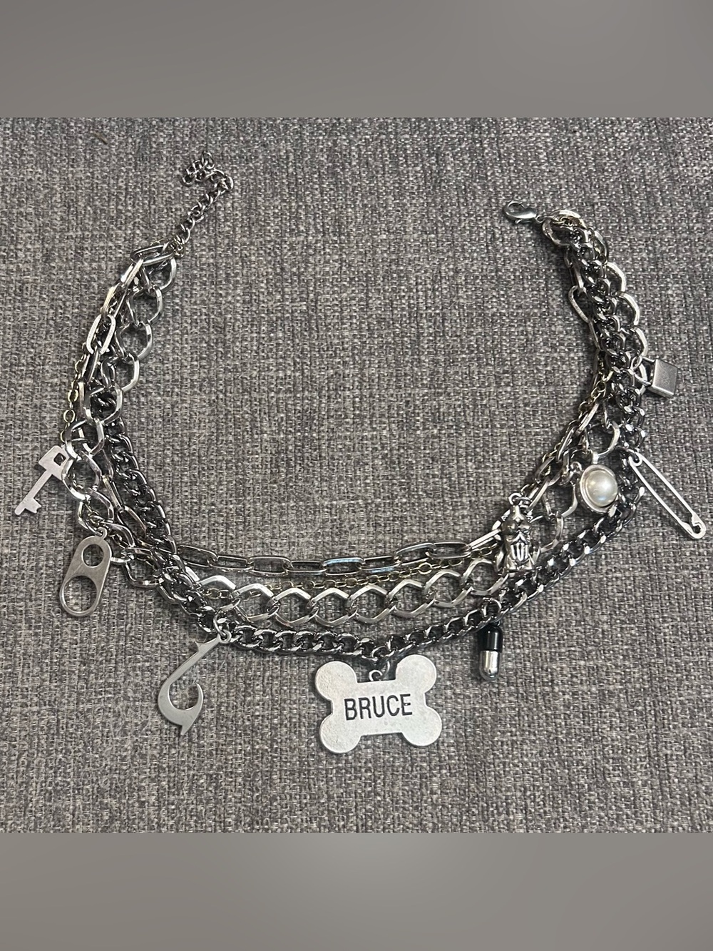 Birds of Prey Harley Quinn multi-layered silver chain necklace with charms